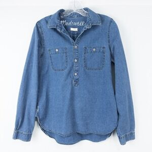 Madewell Pindot Cotton Chambray Popover Shirt Womens M Blue Country Western